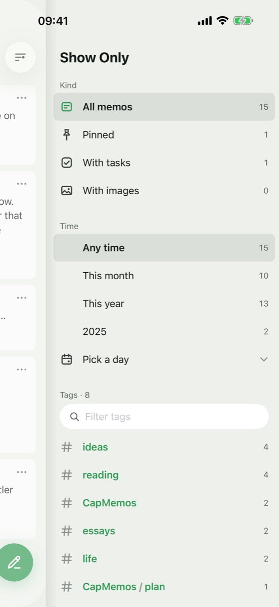 Show Only: kinds (pinned, with tasks, with images), time (this month, this year, earlier years, pick a day) and every tag, each with how many it leaves