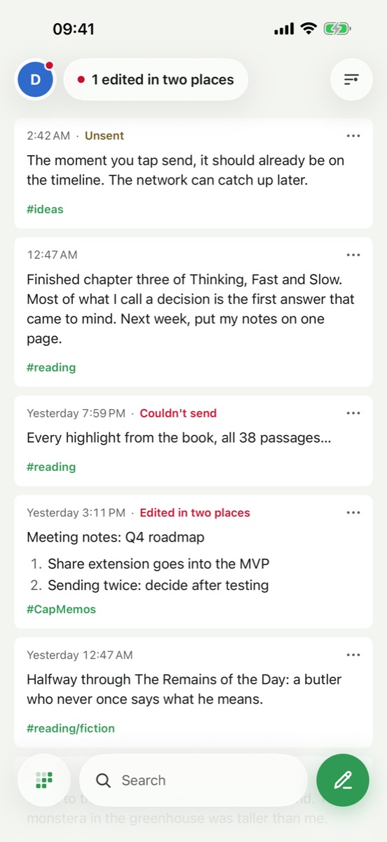 The CapMemos home screen: memo cards, newest first; Look Back, search and write at the bottom, the account top left, Show Only top right