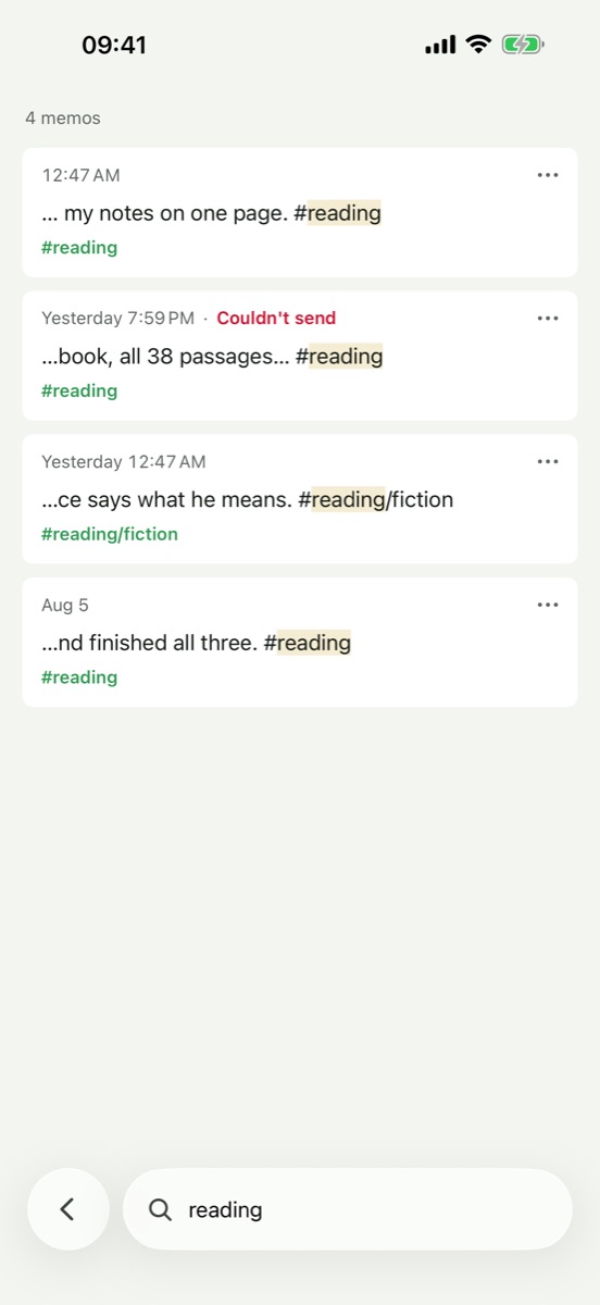 Searching for “reading”: four memos, with the matching word highlighted