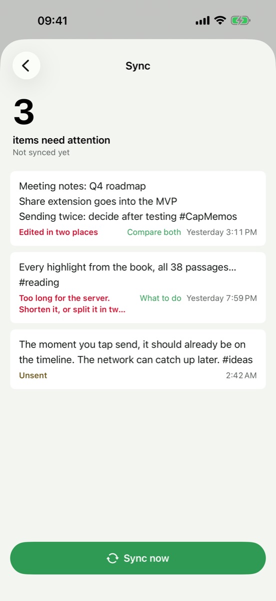 The sync page: a few items that need attention, the failed one with its reason, the unsent ones after it